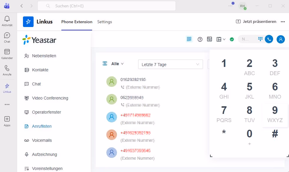 Yeastar Linkus App in Microsoft Teams integriert für Business-Telefonie
