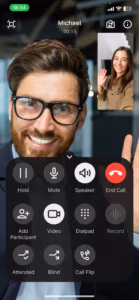Yeastar Linkus Mobile App auf Smartphone mit Anruffunktionen und Videokonferenz-Optionen
