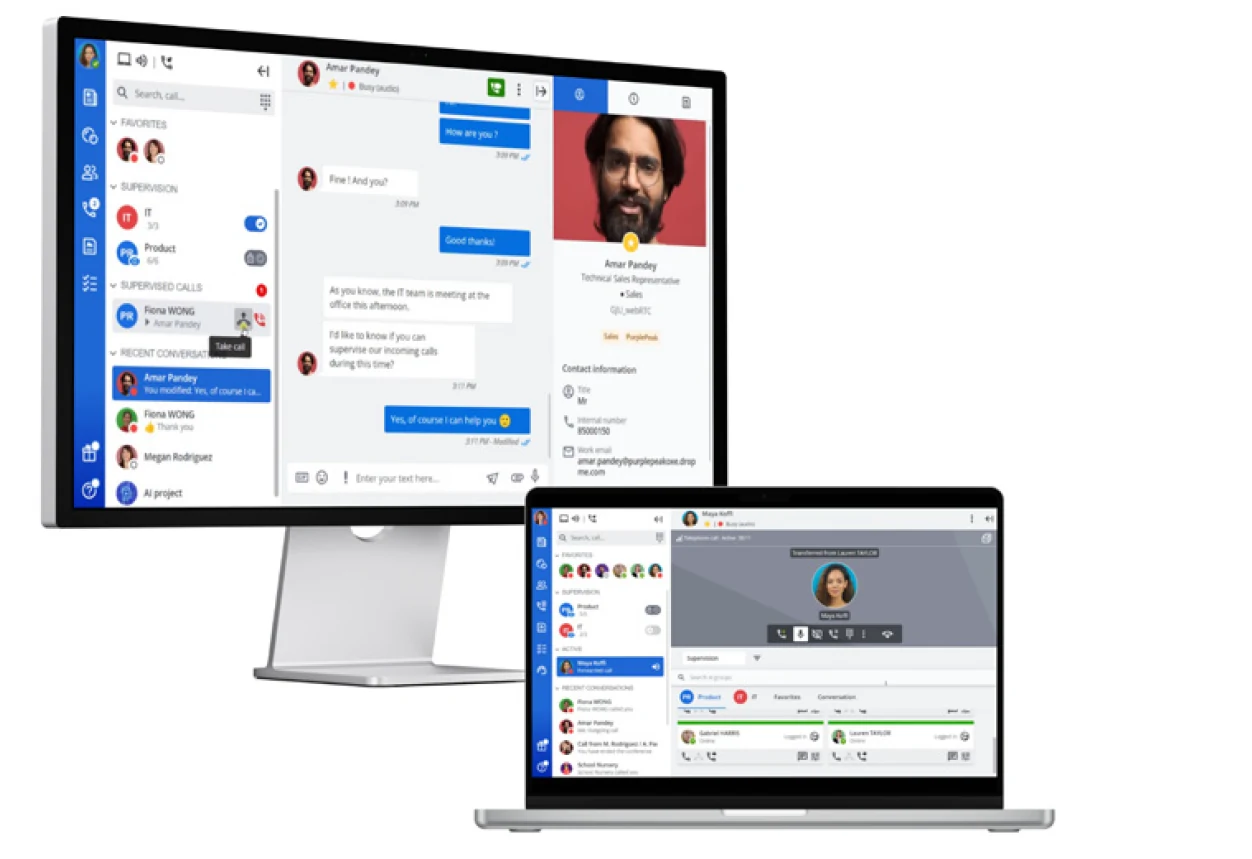 Alcatel Rainbow UC-Client auf Monitor und Laptop mit Chat, Kontakten und Anrufen