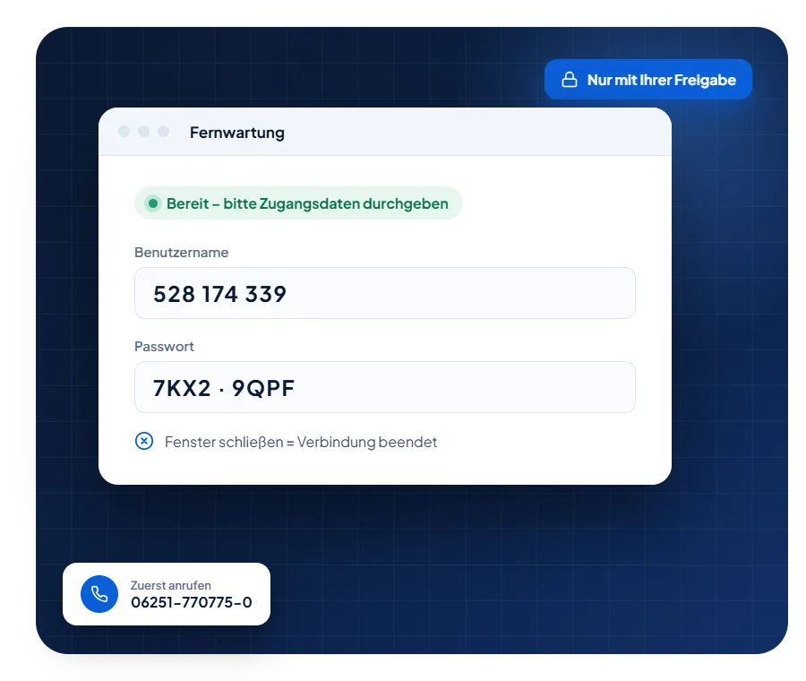 Fernwartungsfenster mit Benutzername und Passwort, die der Kunde am Telefon durchgibt