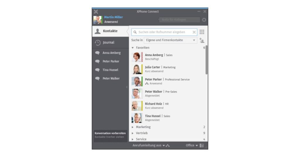XPhone-Connect-Client mit Kontakten und Gesprächshistorie