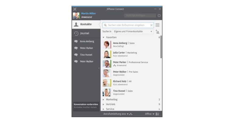 XPhone-Connect-Client mit Kontakten und Gesprächshistorie